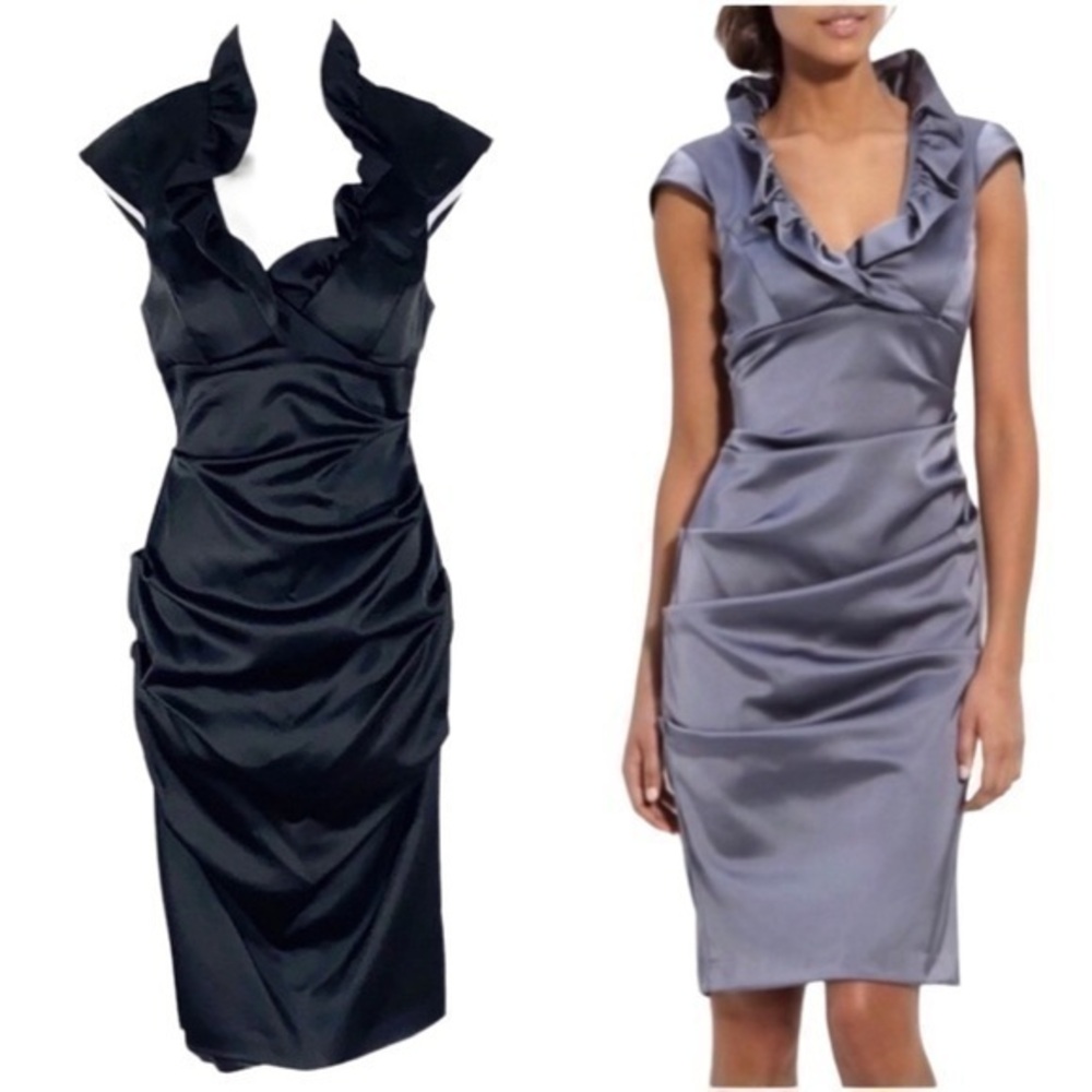 NWT Xscape black ruffle collar pleat midi dress